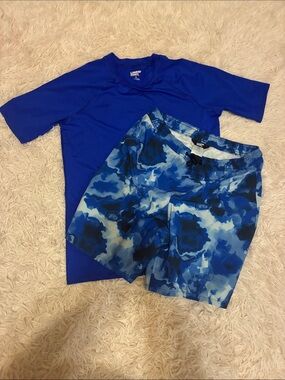 Lands' End Boys Blue Rash Guard and Blue Camo Swim Shorts